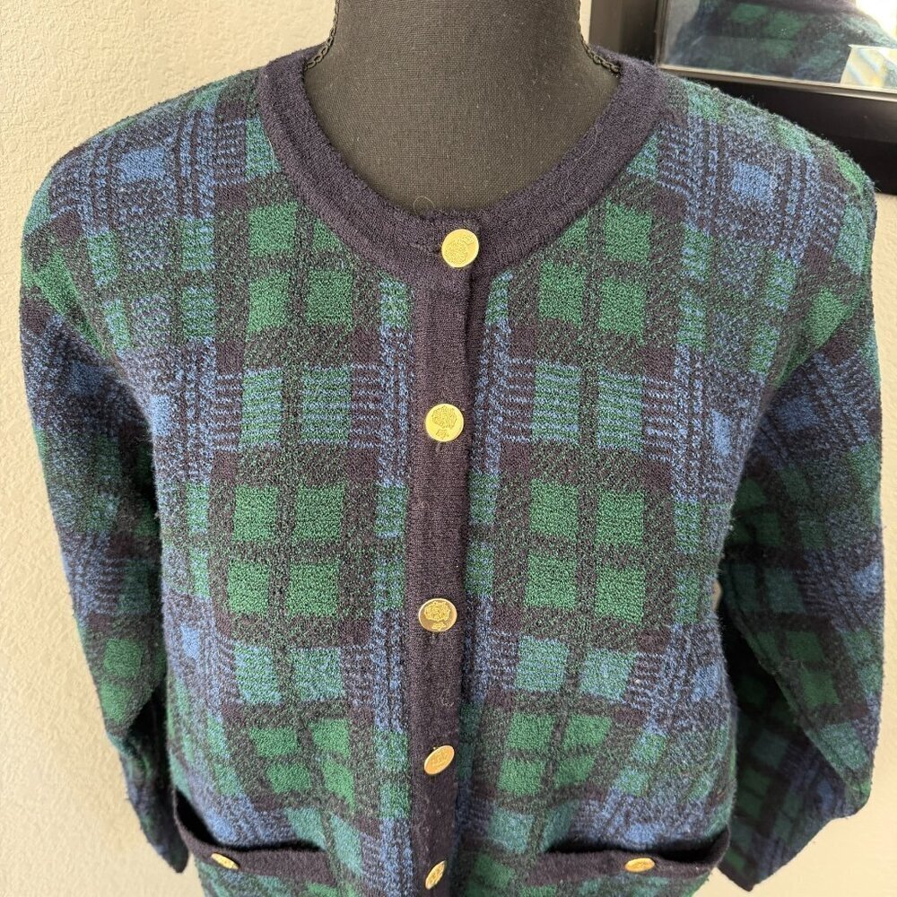 VINTAGE 80s Talbots Tartan Plaid Blue Green Cardigan Sweater Medium - Picture 8 of 14